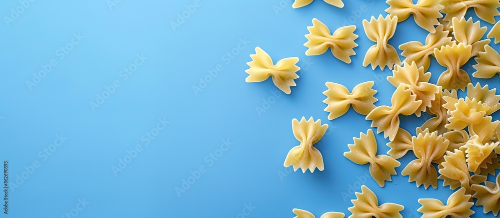 Poster top view of uncooked bowtie pasta with room for text or other elements on a blue backdrop, showcasin
