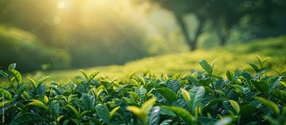 Poster springtime brings about lush green tea trees providing a serene backdrop with ample copy space image