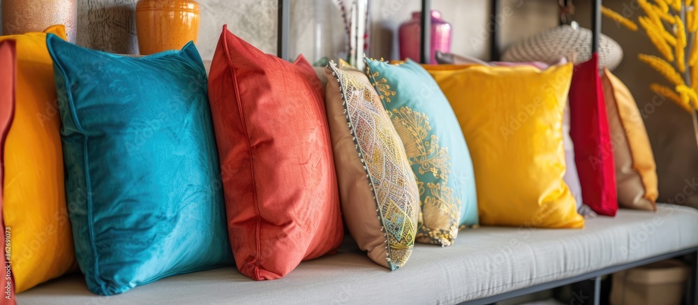 Poster Shelf displaying decorative pillows against wall backdrop with copy space image.
