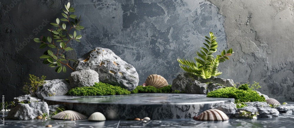 Poster modern podium crafted from gray stones, moss, and shell fragments for showcasing products with an in