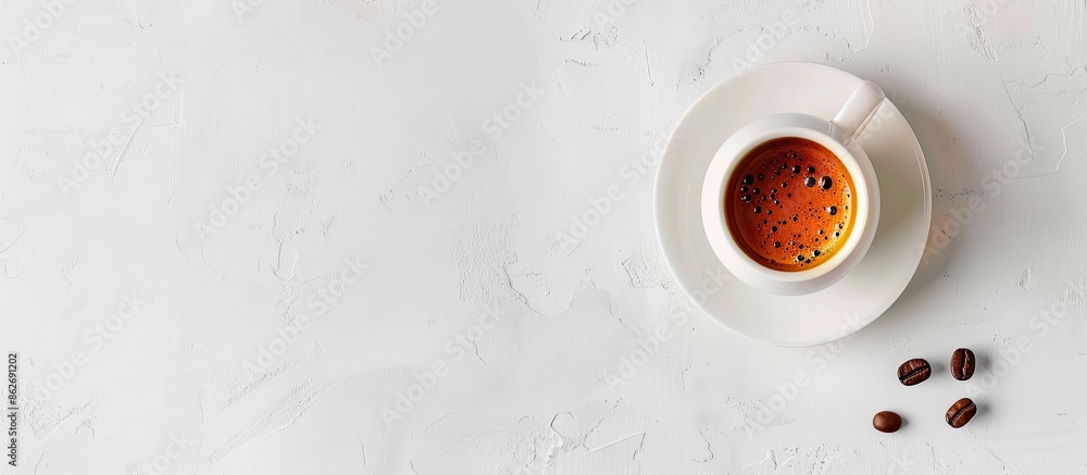 Leinwandbilder Top view of a cup of coffee and a coffee bean displayed on a white table background with copy space image.