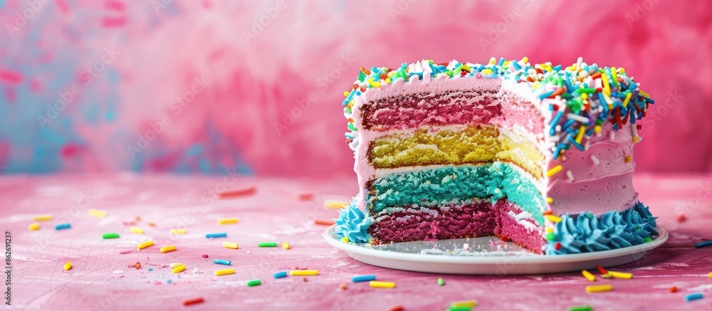 Poster colorful birthday cake displayed with a vibrant background for a copy space image.