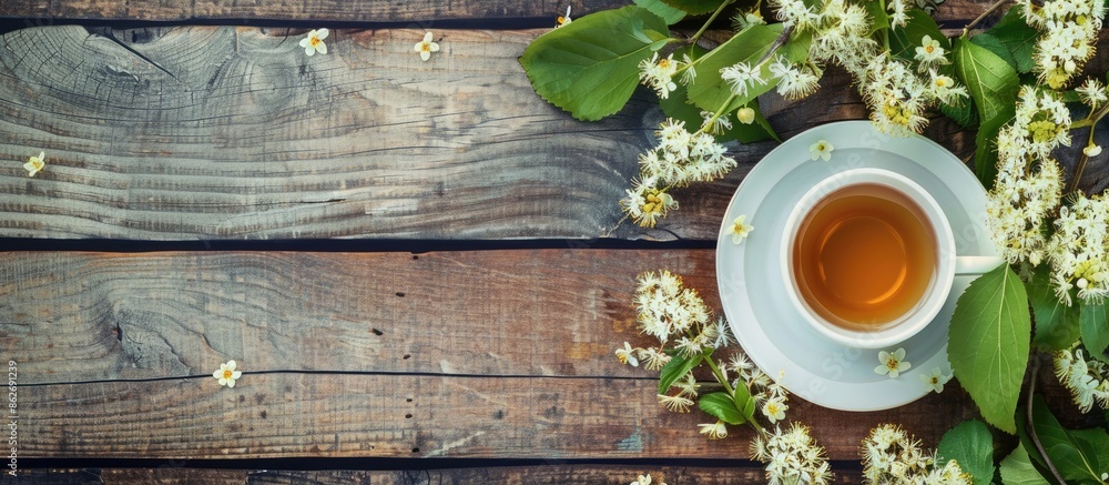 Poster flat lay composition featuring a cup of tea surrounded by linden blossoms on a wooden table, with am