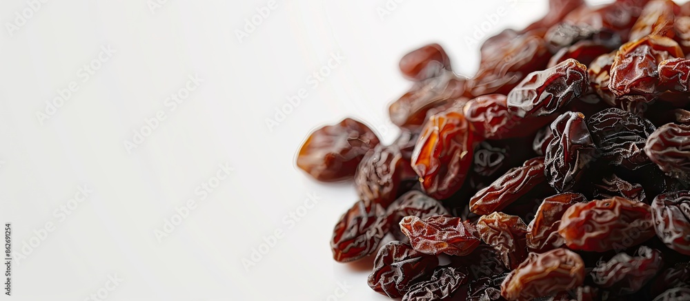 Poster close-up view of a bunch of raisins against a white backdrop. raisin, a dried grape, featuring a uni
