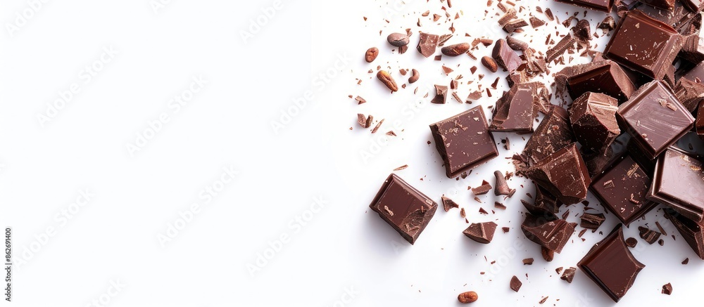 Aufkleber White background adorned with delectable chocolate chunks, allowing for a design in the copy space image.