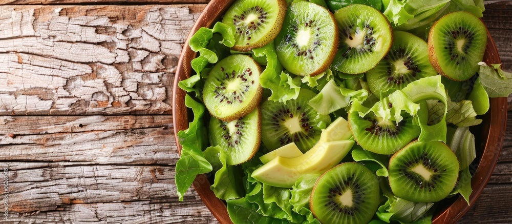 Poster avocado kiwi salad with lettuce mix, perfect for a healthy meal or snack, displayed on a rustic tabl