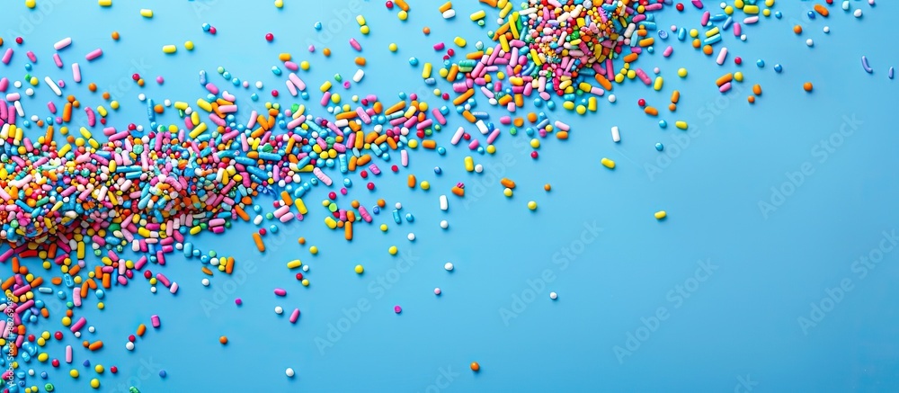 Poster sprinkles on blue background with copy space image.