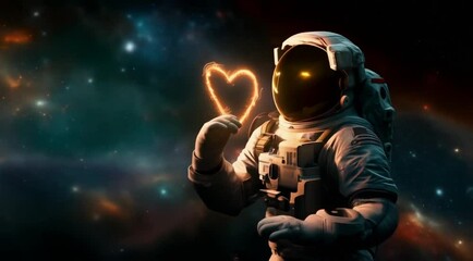 Astronaut drawing heart shape in space cosmic love