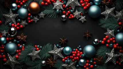 happy Christmas background with the concept of plants and Christmas ornaments on a black background