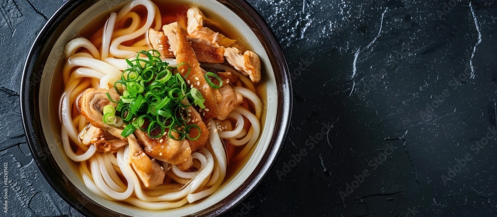 Aufkleber Top view of a bowl with udon noodles and chicken on a dark stone surface, with a copy space image.
