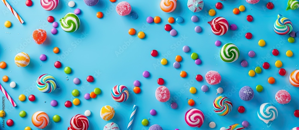 Poster Vibrant holiday backdrop with blue background featuring candy. Ideal for adding text. Suitable for Easter or birthday cards. Flat lay composition with a top-down perspective and room for text in the