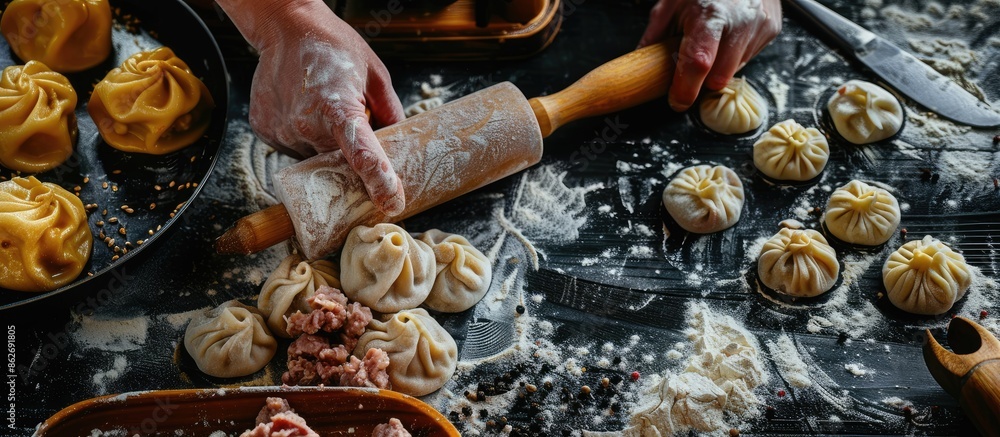 Poster raw dumplings being prepared with a rolling pin, meat, and a dark background for a cooking scene wit