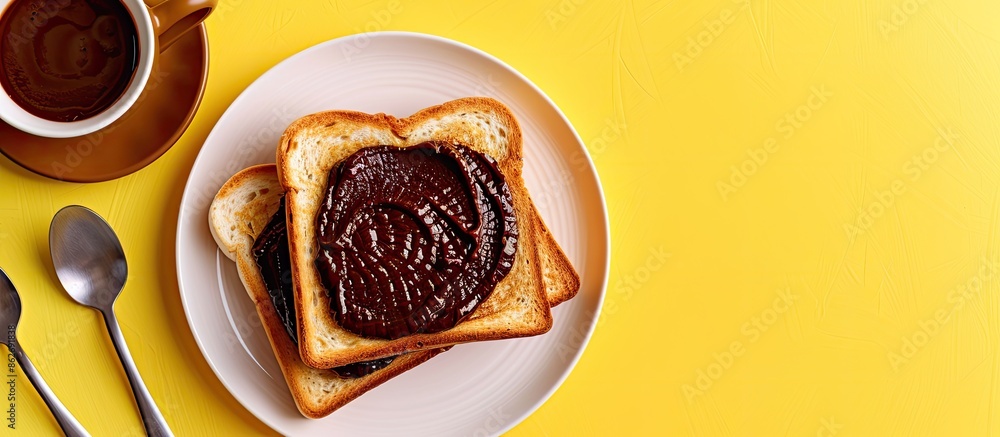 Poster white toast with chocolate hazelnut spread on a yellow background, a breakfast idea with a mockup fo