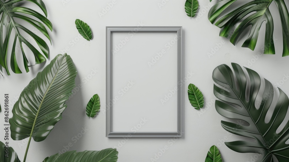 Poster mockup of gray photo frame with monstera leaf on background flat lay overhead view space for text