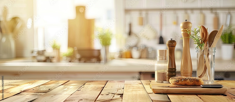 Aufkleber modern kitchen background with kitchen utensils on a wooden tabletop, offering space for text in a f