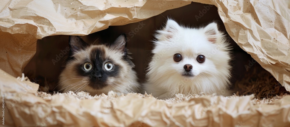 Poster A delightful white Pomeranian dog and cat emerging from a hole with a colored backdrop for a wide-angle horizontal wallpaper or web banner with copy space image.