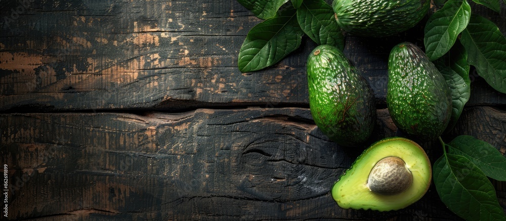 Poster Avocado placed on a wooden surface with ample copy space and focused selectively.