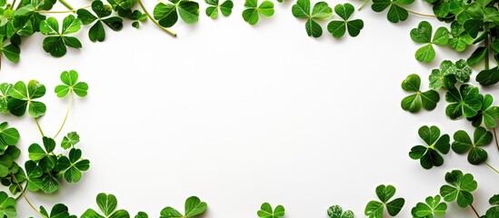 Clover leaves create a frame with copy space image on a white backdrop.