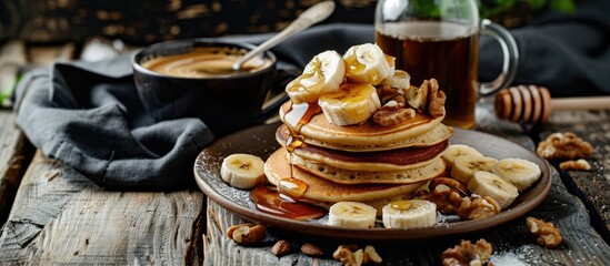 Dark wooden background sets the stage for a breakfast scene featuring homemade pancakes embellished with banana, nuts, and honey, along with a glass of coffee. Ample copy space image available.