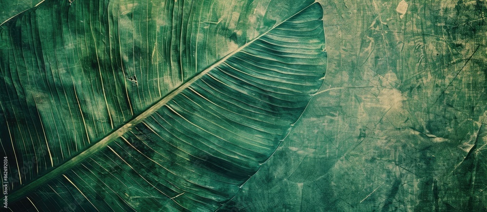 Poster vintage-toned abstract striped texture on a large green leaf with a rustic natural background, ideal