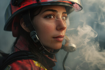 Thoughtful firefighter woman in smoky environment