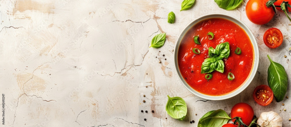 Poster top view of summer tomato soup with fresh vegetables and green basil, in a copy space image.