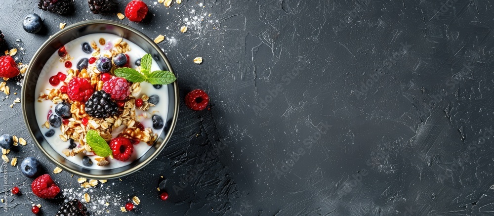 Poster nutritious breakfast option: muesli with milk and berries, shown in the copy space image.