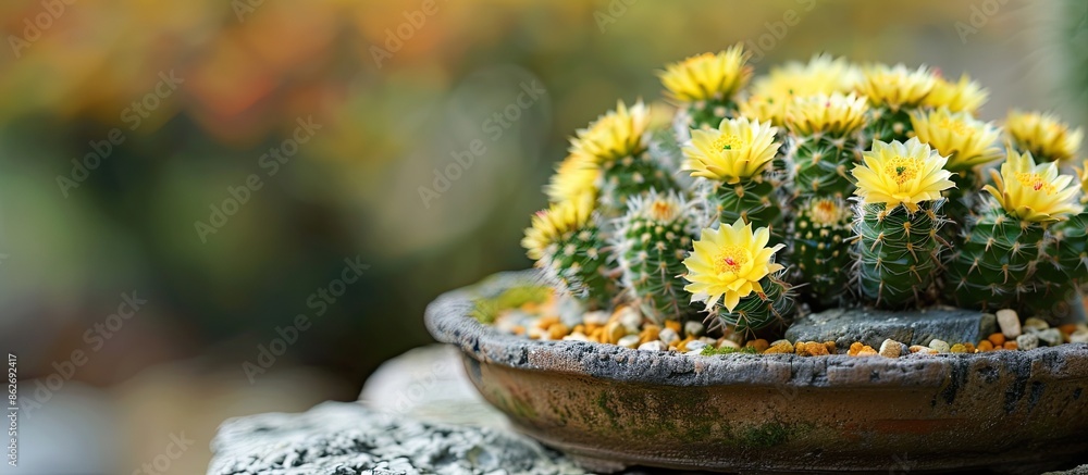 Poster detailed image of a bonsai cactus with space for text, featuring a yellow tower cactus, a decorative
