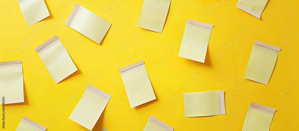 Poster greetings displayed on white sticky notes against a yellow backdrop with copy space image.