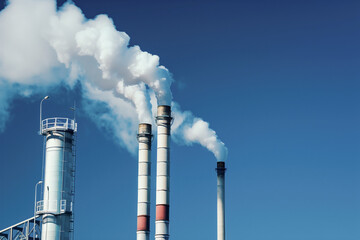Smoke rising from factory chimneys against blue sky