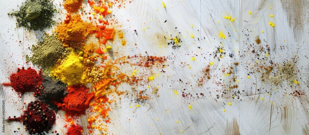 Poster vibrant spices arranged on a weathered iron surface atop a white wooden table, seen from above, crea