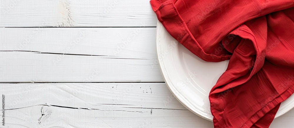 Poster top-down view of a red kitchen napkin on a table. the cloth is folded for a mockup with a white area