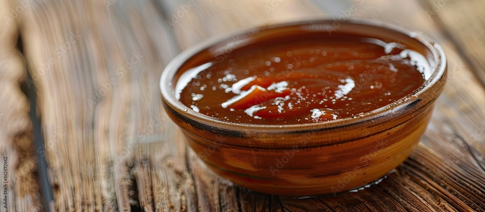 Poster Sauce closeup displayed on a wooden table with ample copy space image.