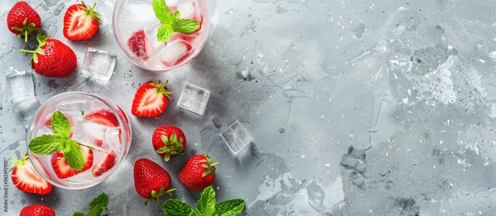 Aufkleber top-down view of a refreshing summer drink featuring strawberries, ice, and mint, along with a vacan