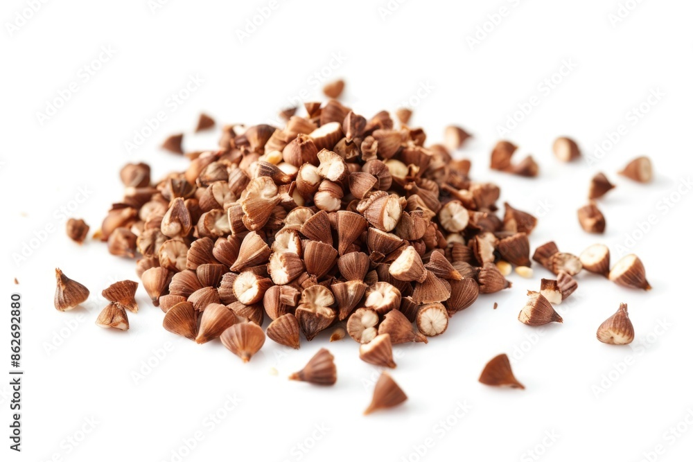 Poster a pile of nuts with some of them missing. the nuts are scattered on a white background. concept of a