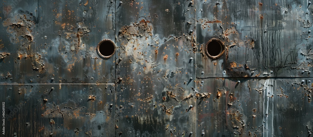 Aufkleber a weathered metal surface with openings for a copy space image.