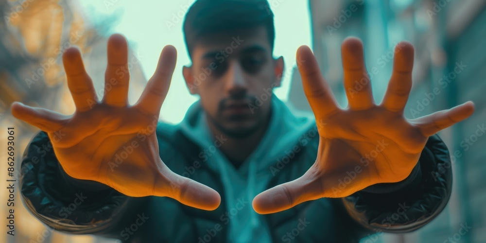 Poster a man with his hands raised in the air, looking at the camera. concept of openness and vulnerability