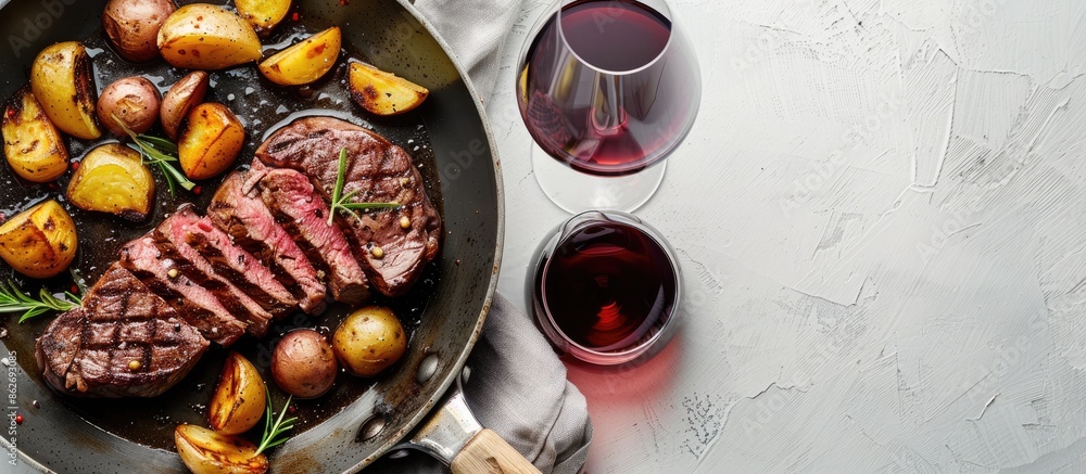 Poster top view of a frying pan with juicy beef steak slices and potatoes, accompanied by a glass of red wi