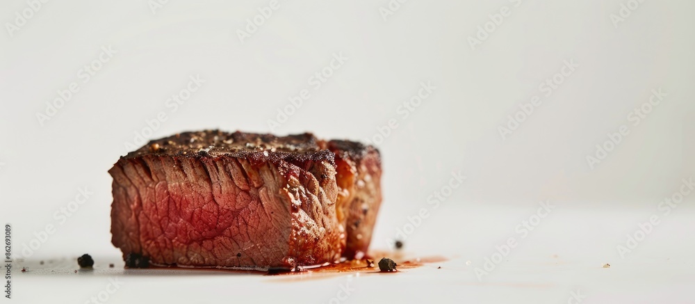 Poster High-quality image of a roast beef fillet on a kitchen table, against a white background with space for additional content.