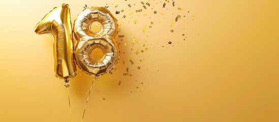 Elegant gold foil balloon shaped like the number 18 on a birthday card with the inscription 18 for an anniversary celebration, set against a glittering, bright gold numeral on a yellow background
