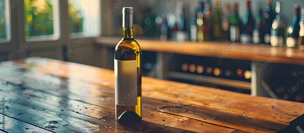 Poster White wine bottle intact on aged table, shallow depth of field highlighting the foreground, with room for text or elements in the image. Copy space image. Place for adding text and design