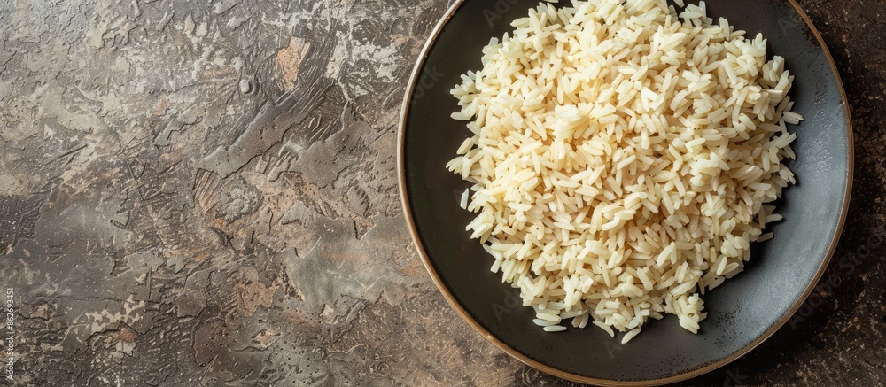 Poster table with a plate of cooked brown rice, offering ample copy space for adding text.