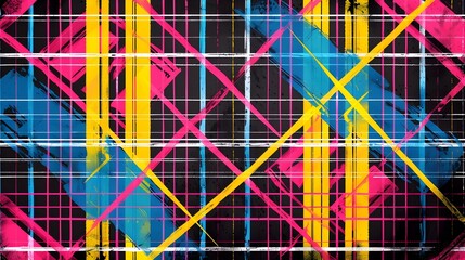 Fototapeta premium Energetic Plaid Texture Graphic in Bold Color Palette on Glossy Black Background