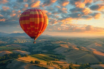 Fototapeta premium A majestic hot air balloon floating over a picturesque landscape of rolling hills and fields at dawn. 