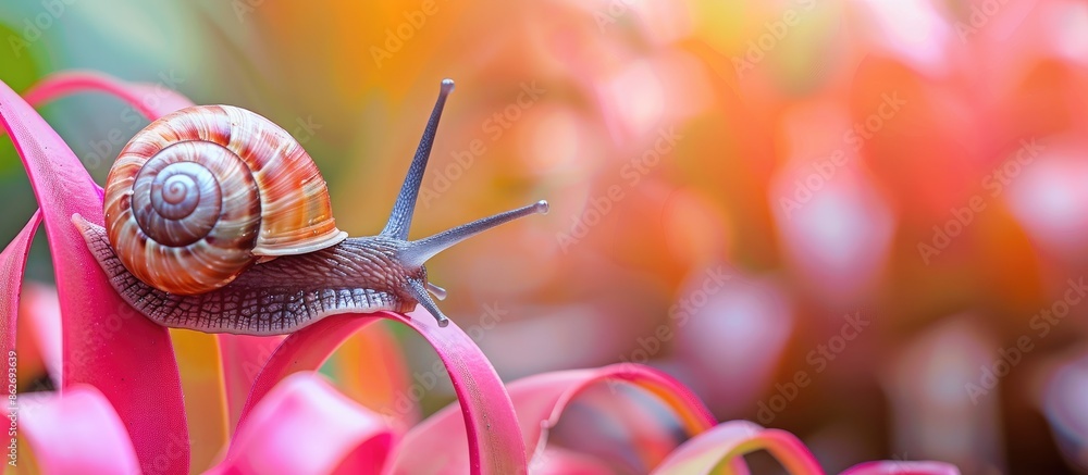 Poster brown snail navigating a drooping pink bromeliad with a blurred garden background. focus on its head
