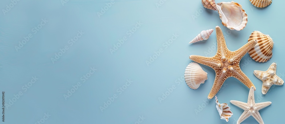 Aufkleber summer themed flat lay with a starfish and seashells arranged on a soft blue background. top view wi