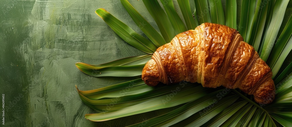 Aufkleber A detailed image of a croissant placed on a banana leaf with space for additional content.