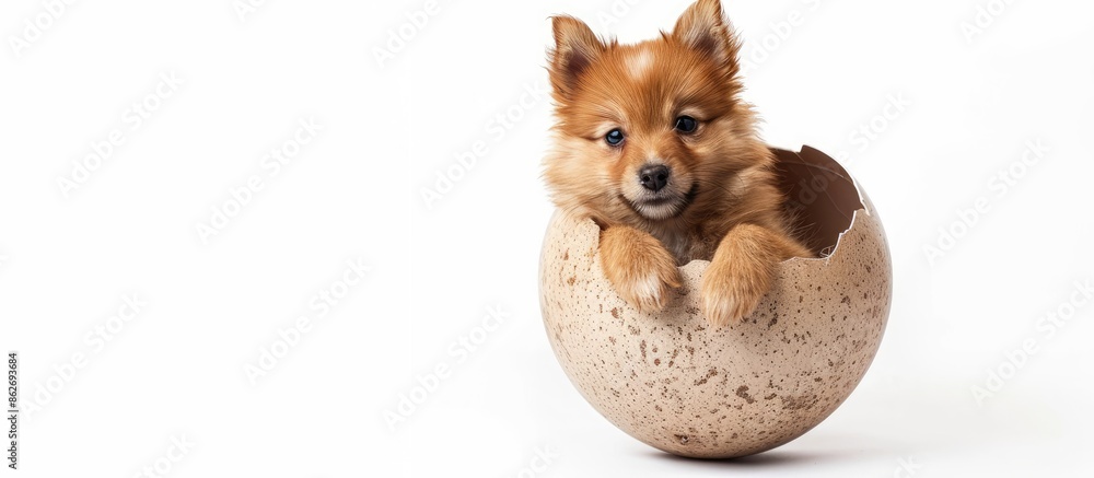 Poster Spitz puppy inside a large eggshell set against a white background with copy space image.