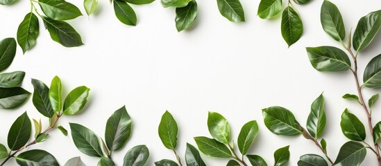 Top view of green magnolia leaves, twigs, and plants against a white backdrop, with copy space...