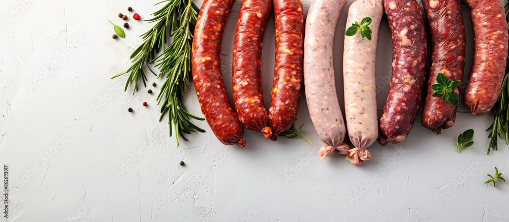 Aufkleber a variety of raw sausages made from beef, pork, lamb, and chicken displayed on a butcher table with 